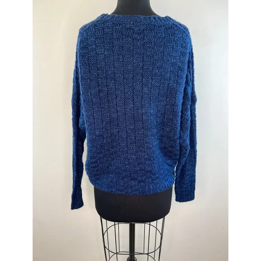 Devoted Blue Crochet Cable Knit Long Sleeve Round Neck Chunky Sweater Size M